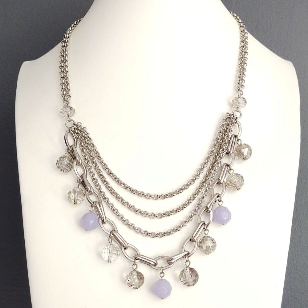 Layered silver chain w/crystal & blue glass drops